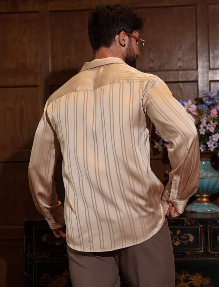 Men's Striped Beige Satin Shirt